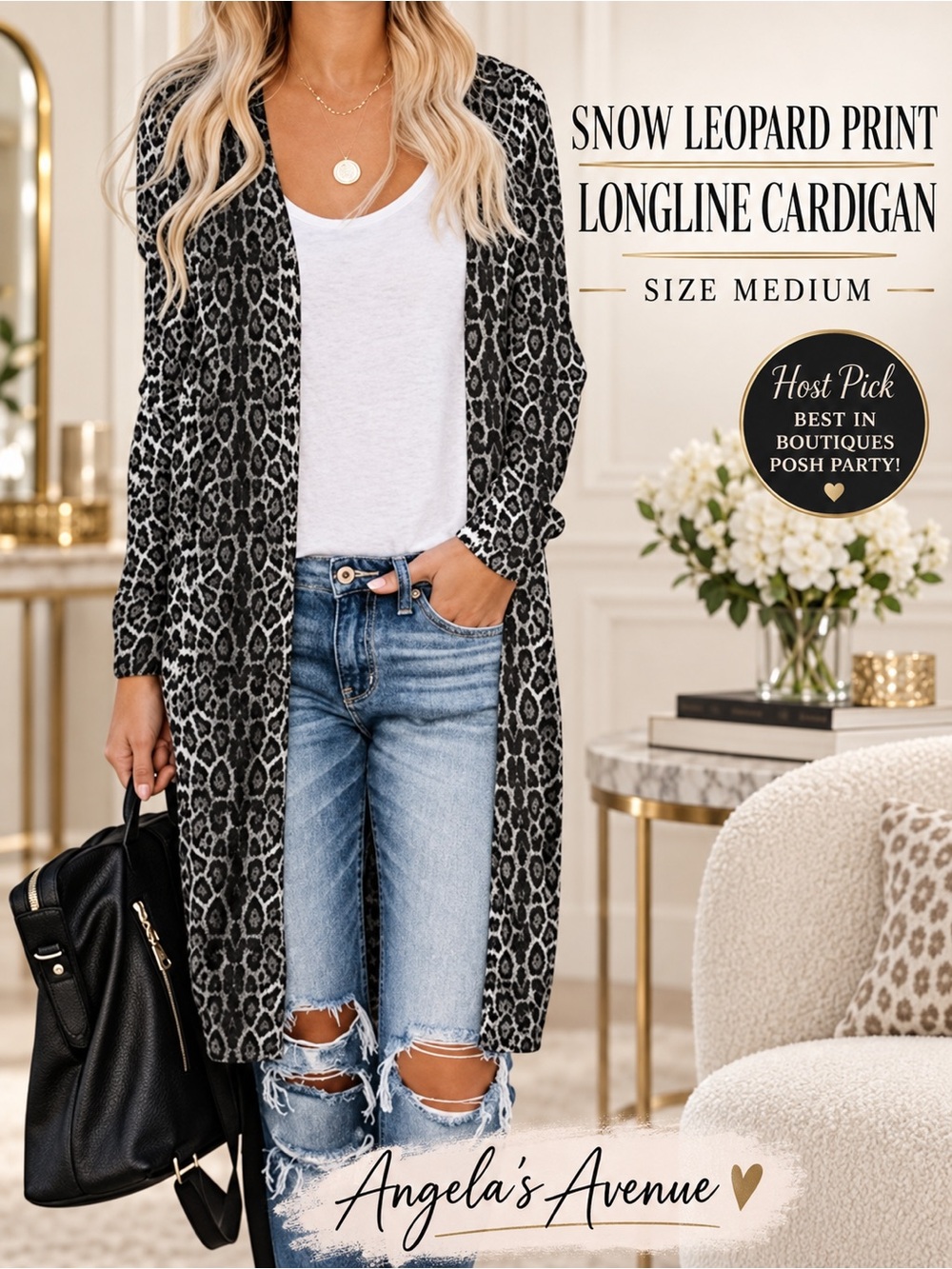 Snow Leopard Print Long Sleeve Long Knit Sweater NEW